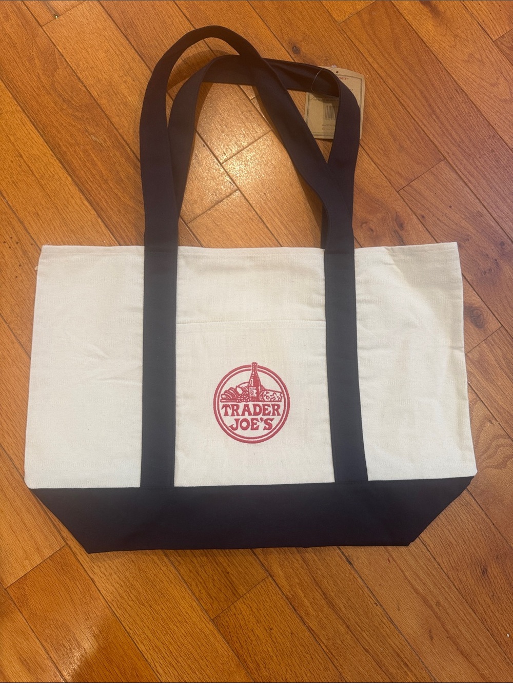 Trader Joe's Canvas Tote Bag in Cream and Black with Red Logo